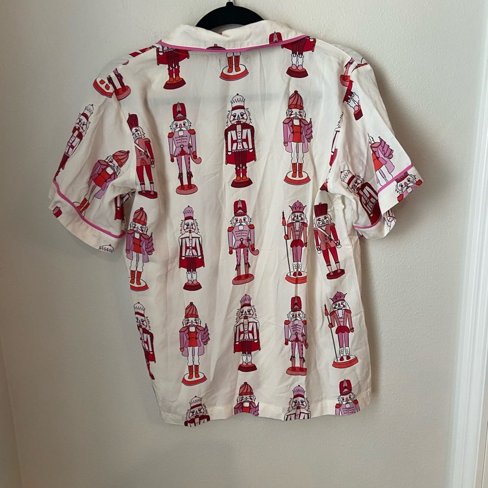 Katie Kime Holiday March Nutcracker Print Pajama Top Pink Piping Size Small - Picture 3 of 5